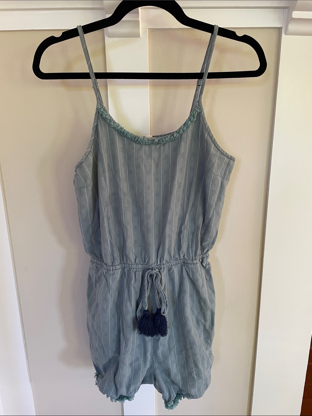 Women’s Light Blue Striped One-Piece Romper with Tassel Tie
